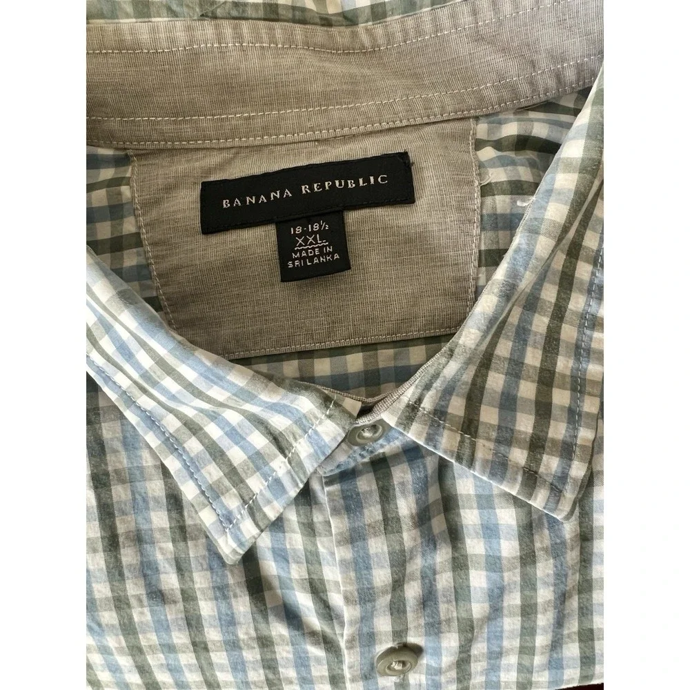 Banana Republic Mens XXL Gingham Check Button‎ Down Shirt Blue Green 100% Cotton